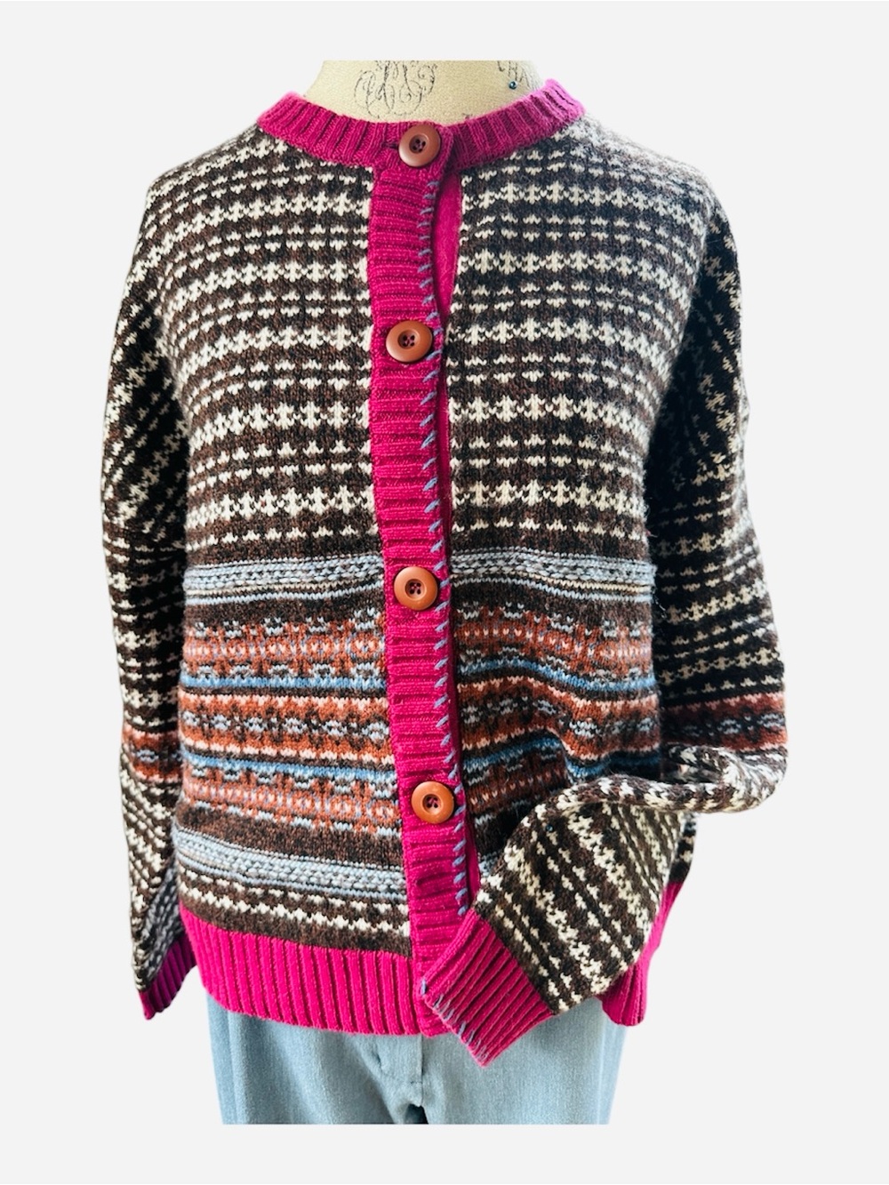 Sundance Wallace Fair Isle Wool Cardigan Sweater raspberry brown size M